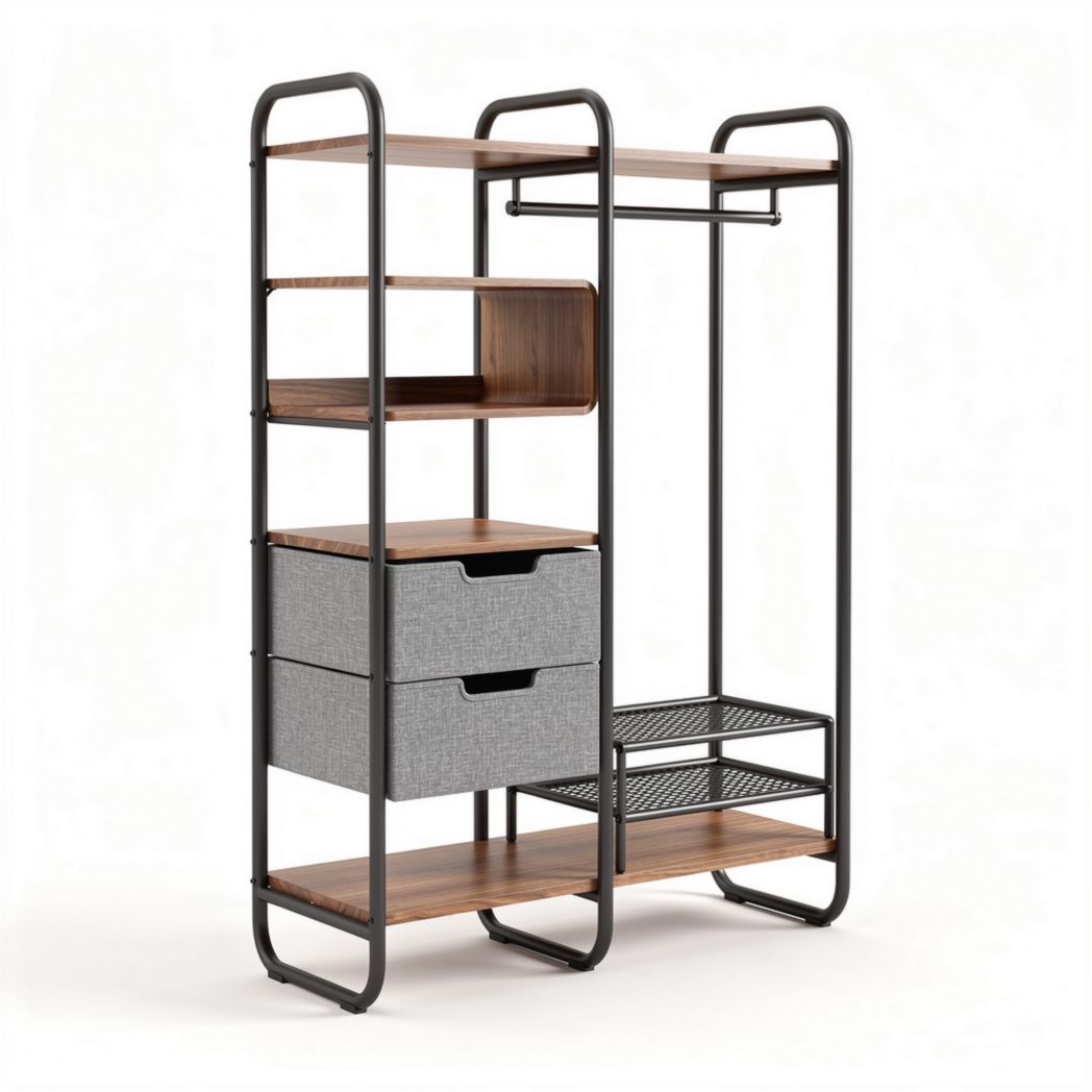 Metal Frame Open Shelf Storage Unit with Wooden Shelves and Drawers – 120 x 40 x 180cm