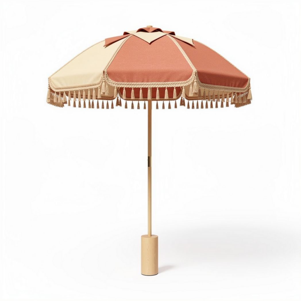 Wooden Patio Umbrella with Decorative Fringe – Ideal for Outdoor Settings – Fabric Canopy – 180 x 180 x 250cm